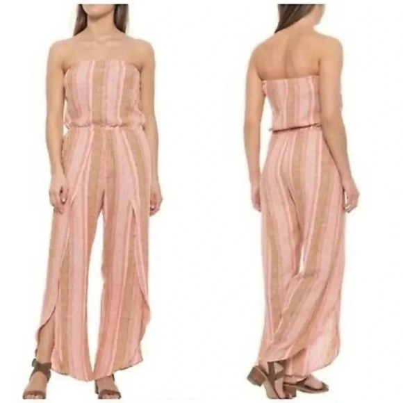 NWT DREW Anthropologie Linen Blend Striped Strapless Jumpsuit Size: L - Picture 6 of 11